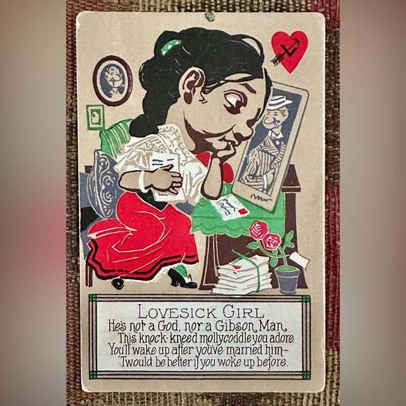 Vintage 1910 Lovesick Woman Staring at Photo Valentine Funny Poem Postcard - Picture 1 of 3